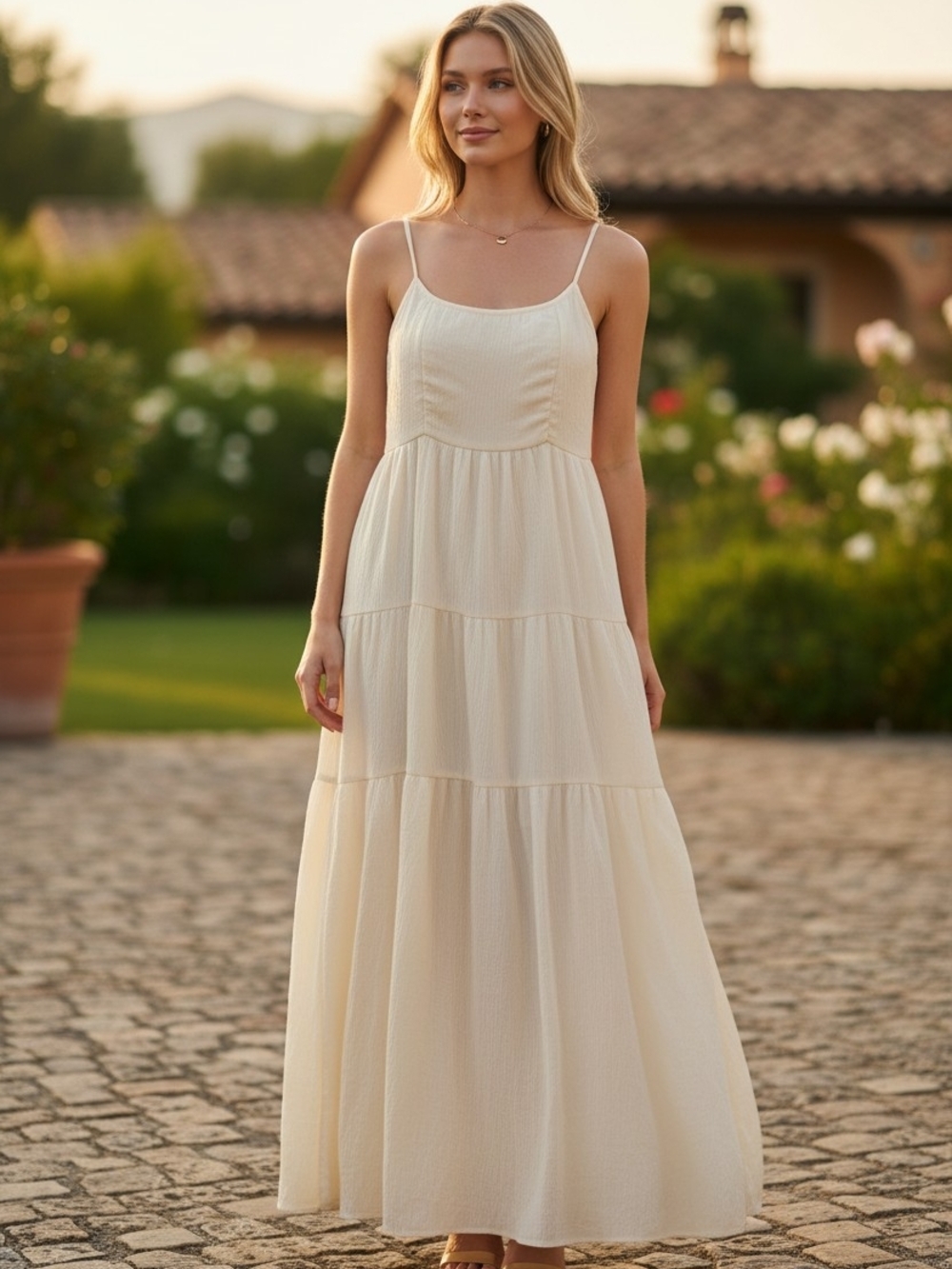 SHEIN Cream Tiered Spaghetti-Strap Maxi Dress